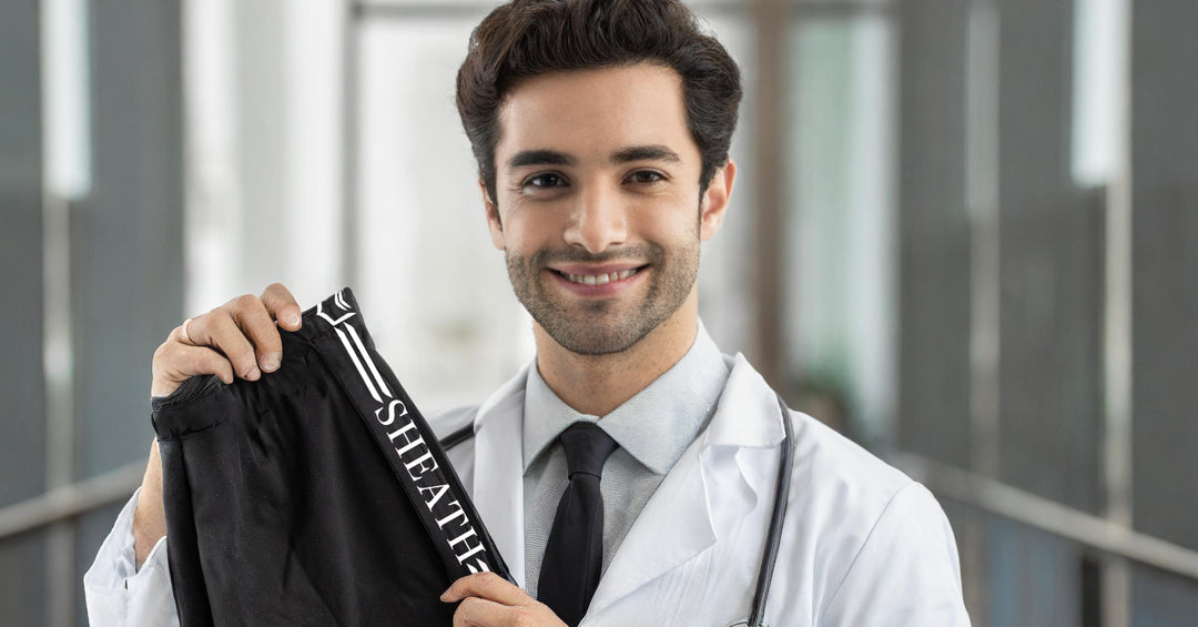 Male urologist holding a pair of SHEATH 4.0 Dual Pouch Boxer Briefs