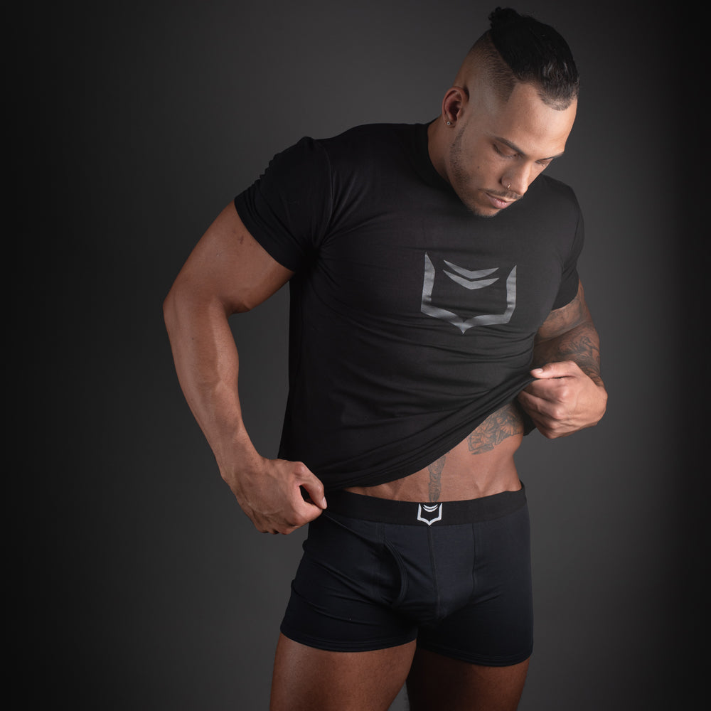 MODEL WEARING 2.1 BLACK BOXER BRIEFS