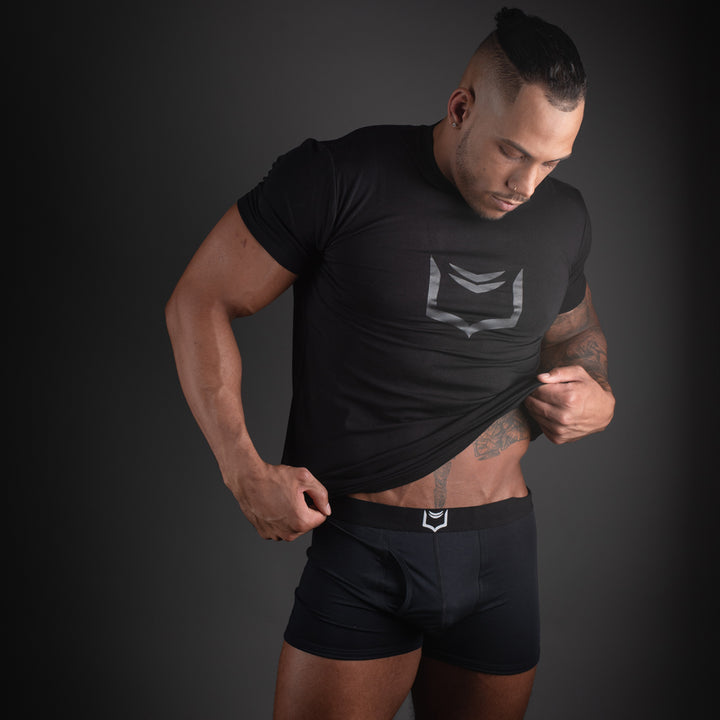 MODEL WEARING 2.1 BLACK BOXER BRIEFS