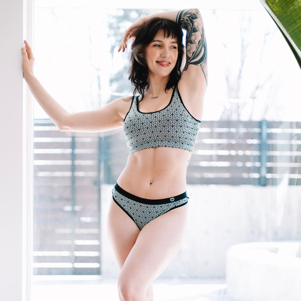 SHEATH Women's Thong - Black & White Flower of Life Print