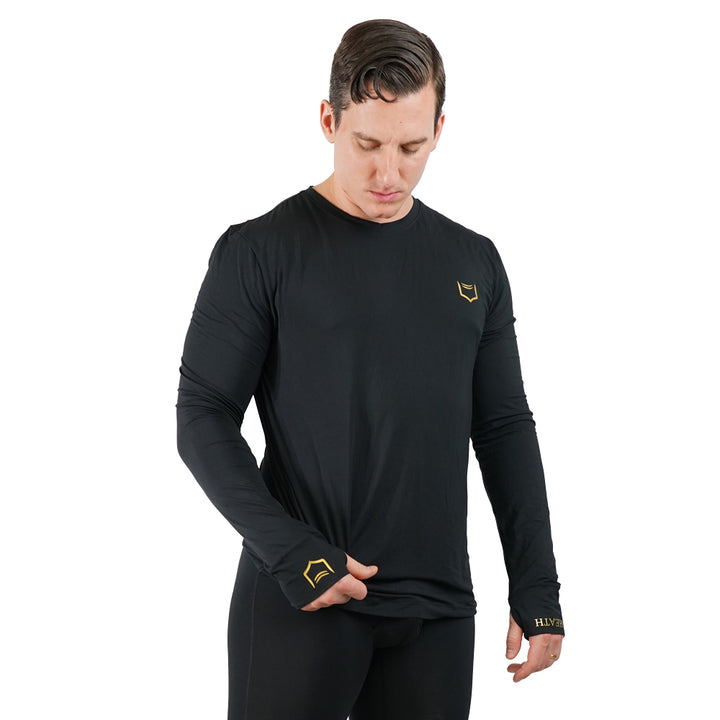 SHEATH Baselayer Top With Golden Heat Print Logo On Lapel and Cuffs - Black
