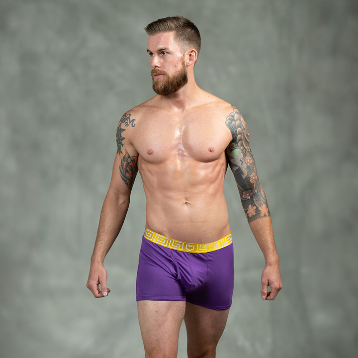 Male model wearing SHEATH purple &amp; gold men&