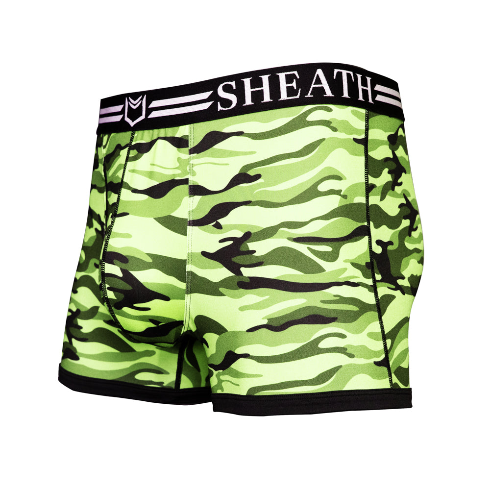 SHEATH Green camo men's trunks featuring dual pouch support, moisture-wicking breathable polyester fabric, ergonomic fit, anti-chafing design, and a branded elastic waistband. left angle view#color_forest-green