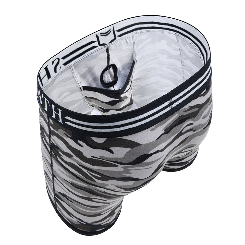 SHEATH gray camo pouch trunks featuring breathable moisture-wicking polyester fabric, ergonomic dual pouch support, anti-chafing design, and branded elastic waistband with black and white stripes pouch detail view#color_winter-gray