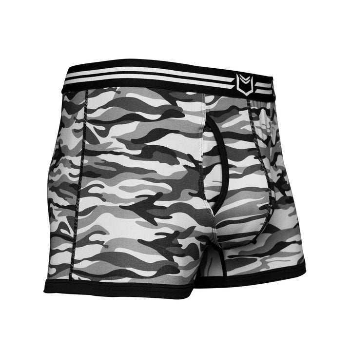 SHEATH polyester trunks in winter gray camo pattern featuring dual pouch ergonomic support, breathable moisture-wicking fabric, anti-chafing design, and a branded elastic waistband with black and white stripes right angle view#color_winter-gray