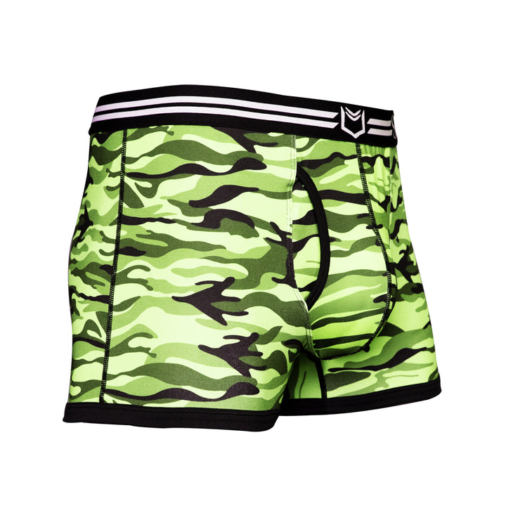 SHEATH Green camo men's trunks featuring dual pouch support, breathable moisture-wicking fabric, and an ergonomic design with anti-chafing comfort and a contrast waistband. right angle view#color_forest-green