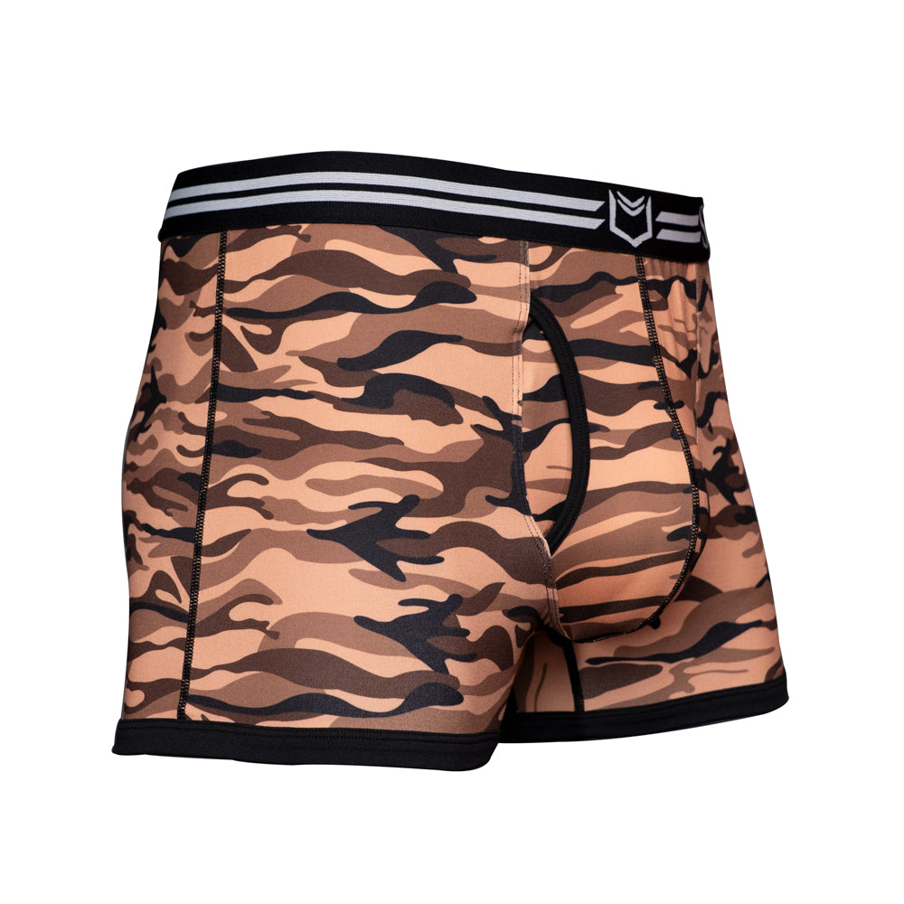 SHEATH Red camo men's trunks featuring dual pouch support, breathable moisture-wicking fabric, and an ergonomic design with anti-chafing comfort and a contrast waistband. right angle view#color_desert-red