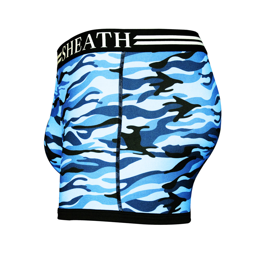 Men's trunks with a blue ocean camouflage pattern, featuring a supportive dual pouch design, breathable moisture-wicking fabric, and black elastic waistband with white SHEATH branding#color_ocean-blue