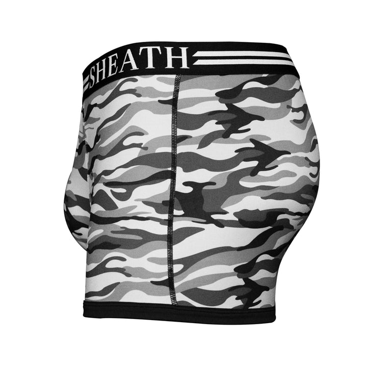 SHEATH polyester camo trunks in gray and black tones, featuring dual pouch ergonomic support, breathable moisture-wicking fabric, anti-chafing design, and a branded black waistband with white stripes side view#color_winter-gray