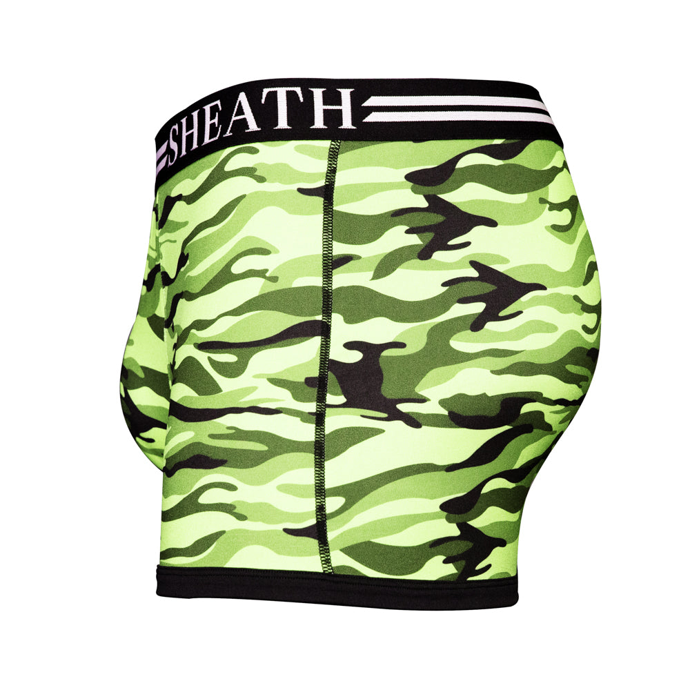 SHEATH green camo trunks featuring dual pouch ergonomic design, breathable moisture-wicking fabric, anti-chafing comfort, and a branded elastic waistband with black trim. side view