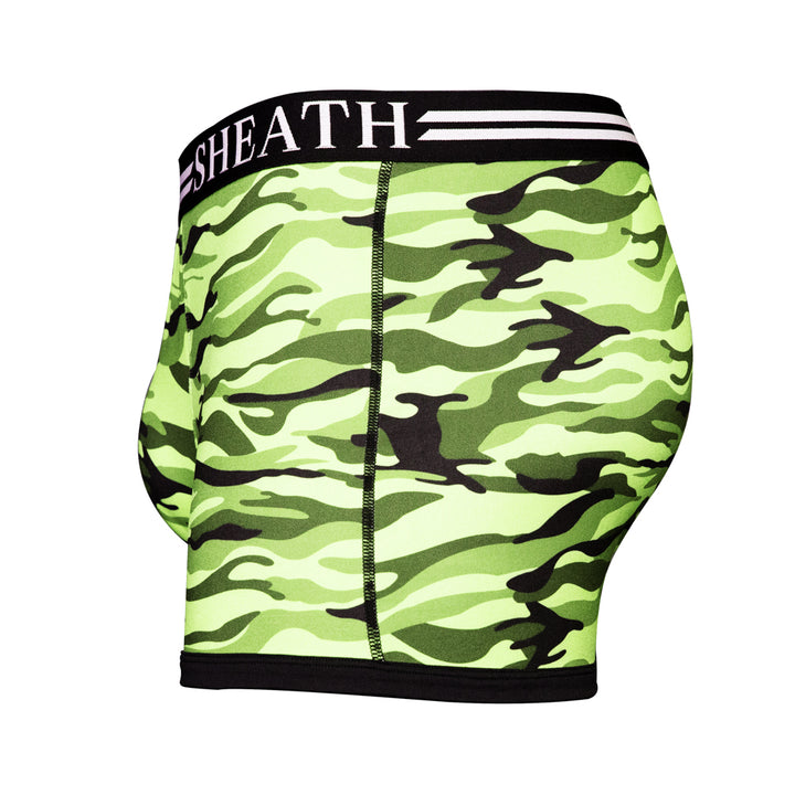 SHEATH green camo trunks featuring dual pouch ergonomic design, breathable moisture-wicking fabric, anti-chafing comfort, and a branded elastic waistband with black trim. side view#color_forest-green