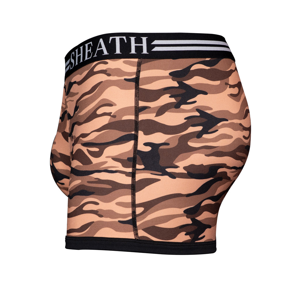 SHEATH red camo trunks featuring dual pouch ergonomic design, breathable moisture-wicking fabric, anti-chafing comfort, and a branded elastic waistband with black trim. side view