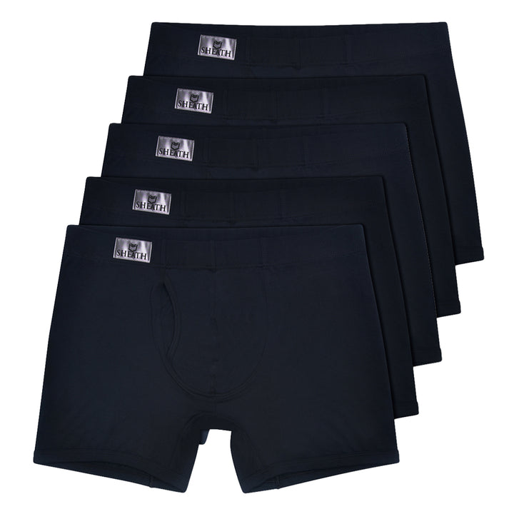 Set of 5 pairs of SHEATH 3.21 black boxer briefs stacked on a white background with SHEATH label.#color_black