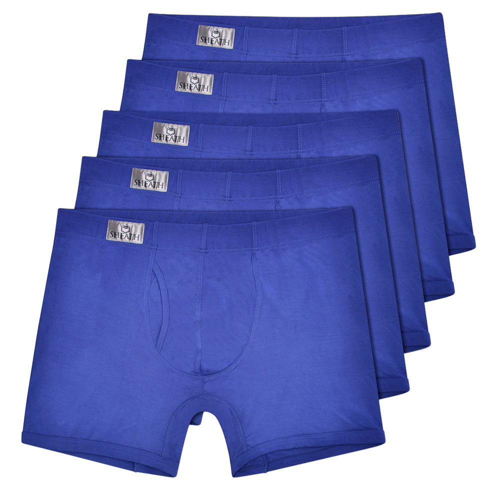 Set of 5 pairs of SHEATH 3.21 blue boxer briefs stacked on a white background with SHEATH label.#color_blue