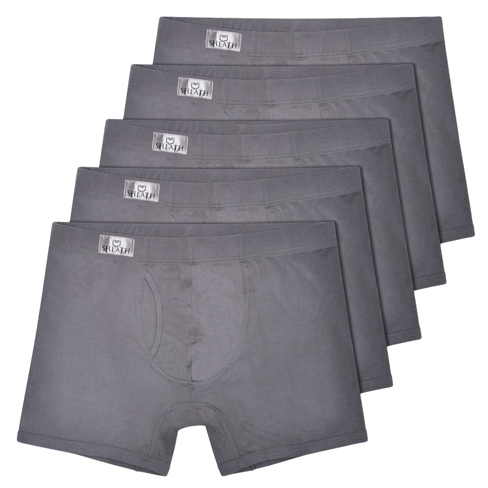Set of 5 pairs of SHEATH 3.21 gray boxer briefs stacked on a white background with SHEATH label.#color_gray