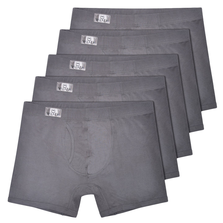 Set of 5 pairs of SHEATH 3.21 gray boxer briefs stacked on a white background with SHEATH label.#color_gray