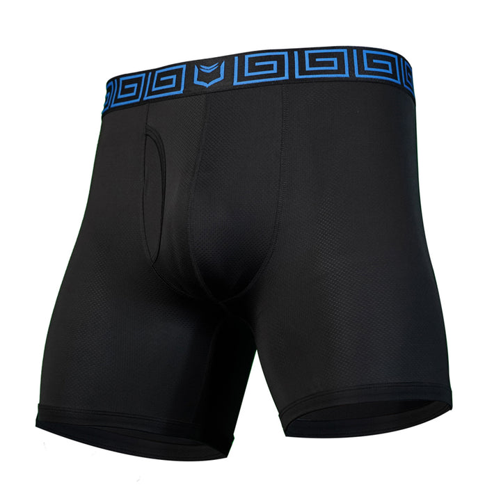 SHEATH AirFlow black mesh boxer briefs with blue waistband on a white background