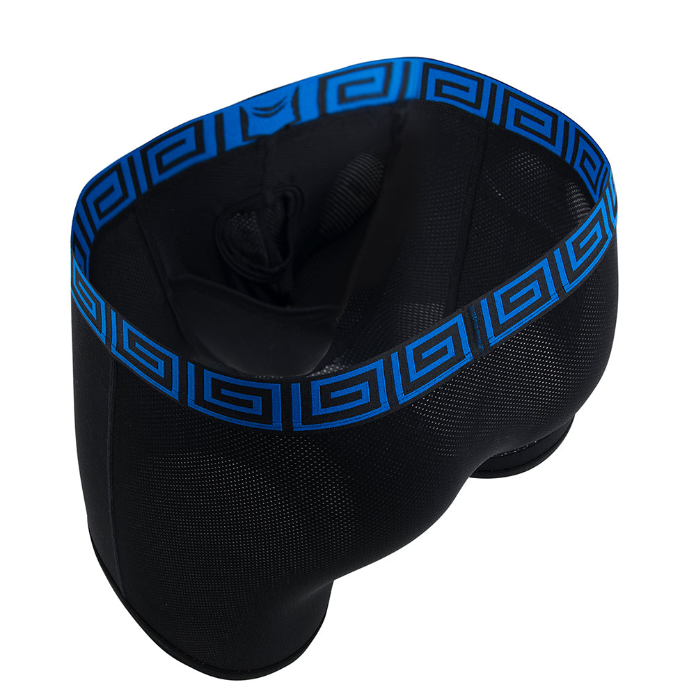 SHEATH AirFlow black mesh boxer briefs with blue waistband inner pouch viewed from overhead on a white background