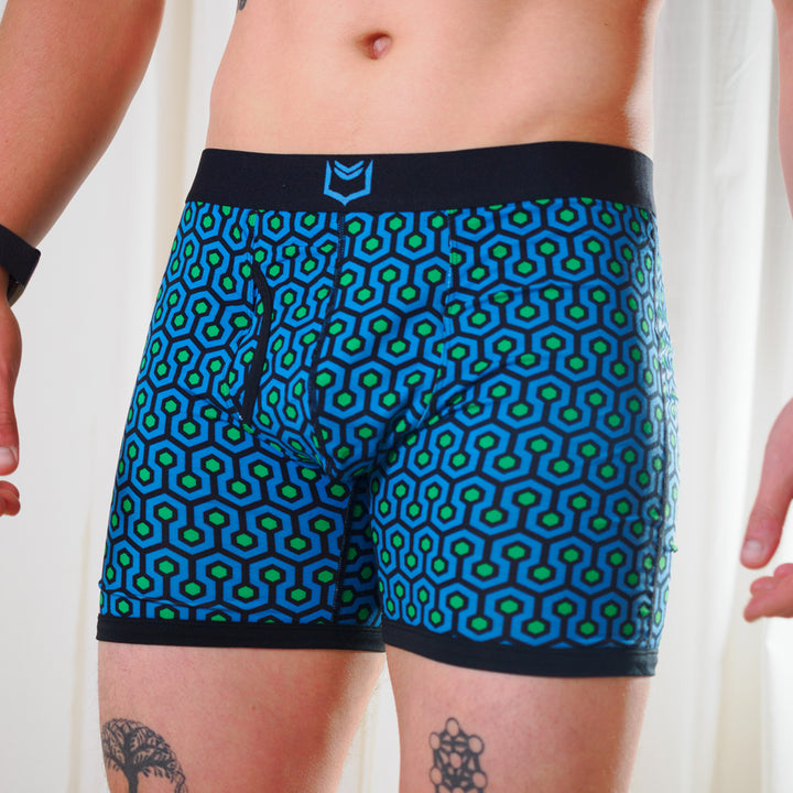 SHEATH 4.0 boxer brief - Blue hexagon print worn by a person on a white background
