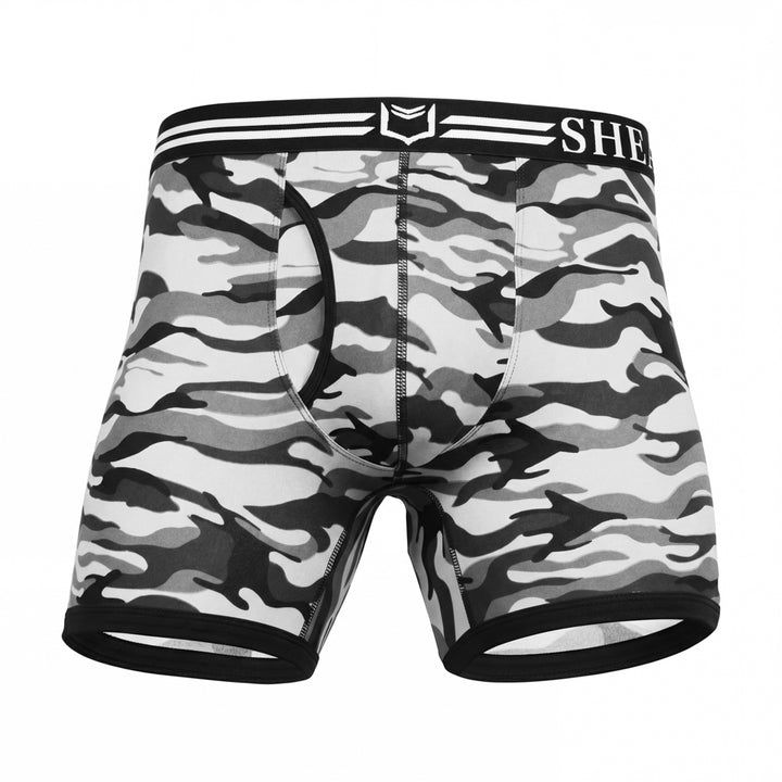SHEATH camo boxer briefs in black, gray, and white tones with dual pouch ergonomic support, breathable moisture-wicking polyester fabric, anti-chafing design, and branded elastic waistband. front view