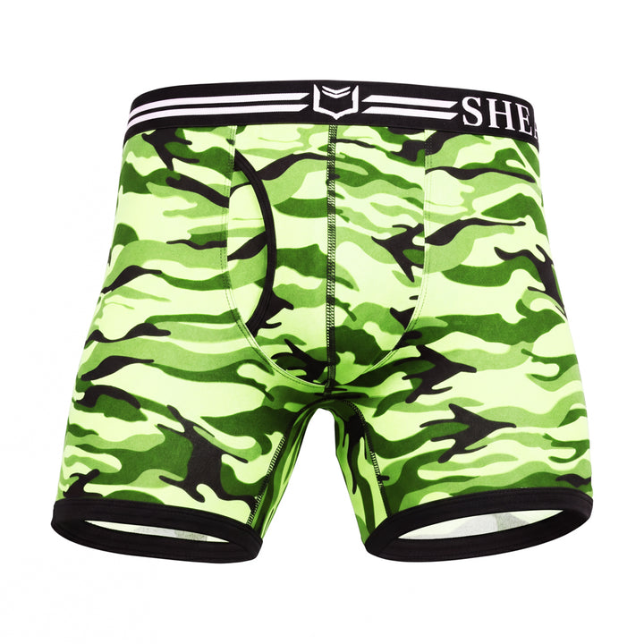 SHEATH boxer briefs in green camo pattern featuring dual pouch support, breathable polyester fabric, ergonomic fit, anti-chafing design, and a branded elastic waistband. front view