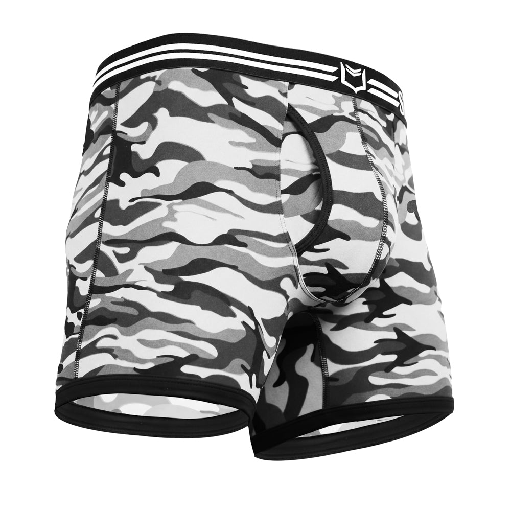 SHEATH polyester boxer briefs in winter gray camo pattern featuring dual pouch ergonomic support, breathable moisture-wicking fabric, anti-chafing design, and a branded elastic waistband with black and white stripes right angle view
