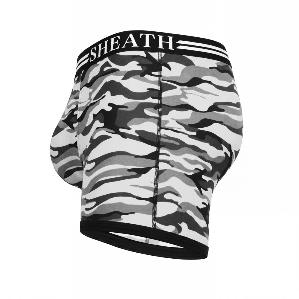 SHEATH polyester camo boxer briefs in gray and black tones, featuring dual pouch ergonomic support, breathable moisture-wicking fabric, anti-chafing design, and a branded black waistband with white stripes side view
