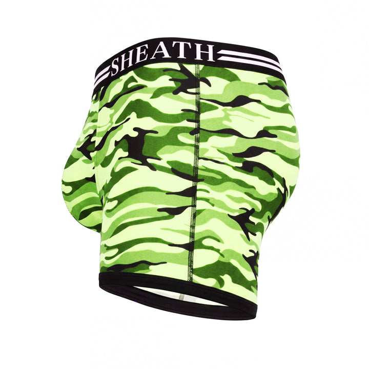 SHEATH green camo boxer briefs featuring dual pouch ergonomic design, breathable moisture-wicking fabric, anti-chafing comfort, and a branded elastic waistband with black trim. side view