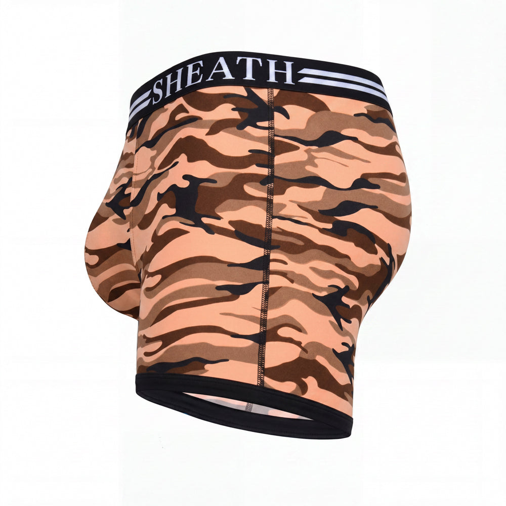 SHEATH red camo boxer briefs featuring dual pouch ergonomic design, breathable moisture-wicking fabric, anti-chafing comfort, and a branded elastic waistband with black trim. side view