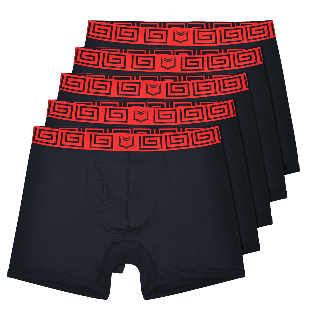 Set of 5 SHEATH 4.0 black boxer briefs with red waistband patterns on a white background#color_black-red