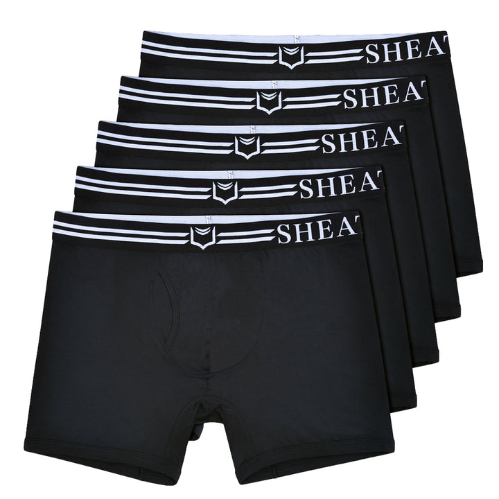 Set of 5 SHEATH 4.0 black boxer briefs with 'SHEATH' branding on a white background#color_black