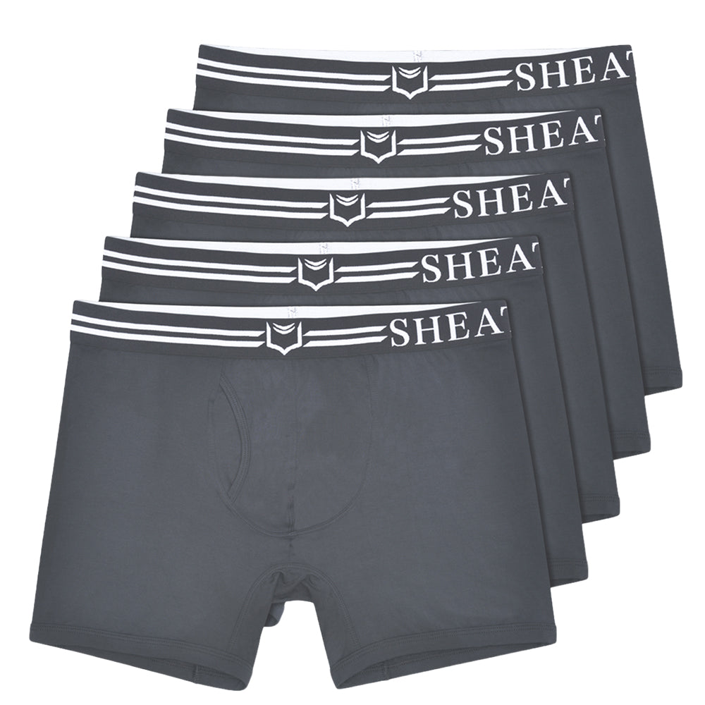 Set of 5 SHEATH 4.0 gray boxer briefs with 'SHEATH' branding on a white background#color_gray