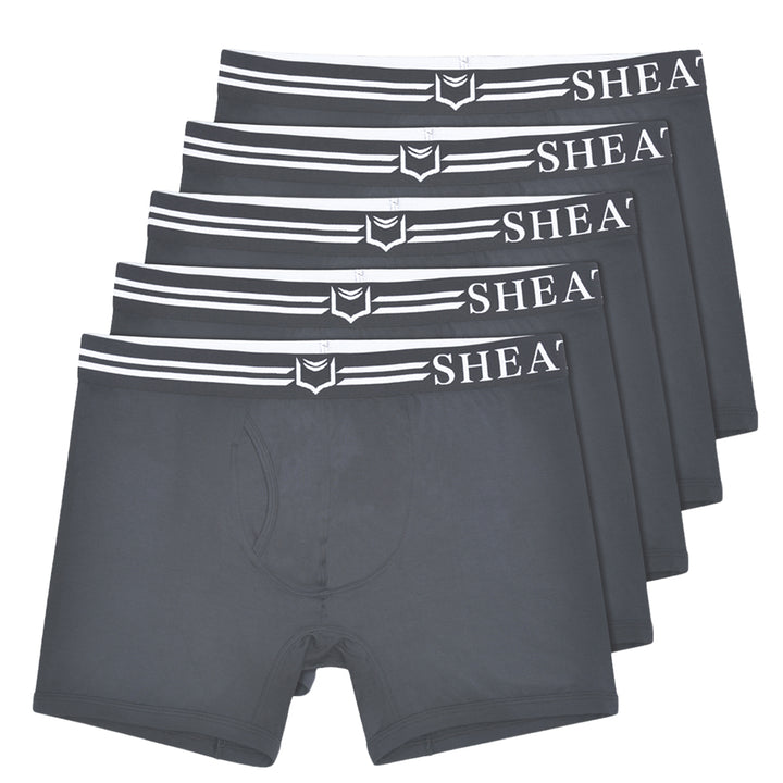 Set of 5 SHEATH 4.0 gray boxer briefs with 'SHEATH' branding on a white background#color_gray