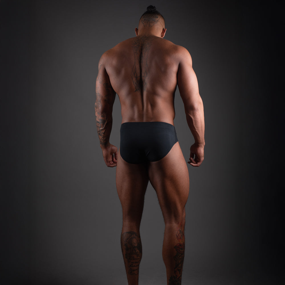 MODEL faces away from camera WEARING SHEATH Modal European Cut Dual Pouch Briefs - Black