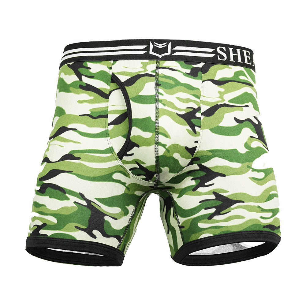 Green camouflage-patterned men's underwear with 'SHEATH' branding on a white background