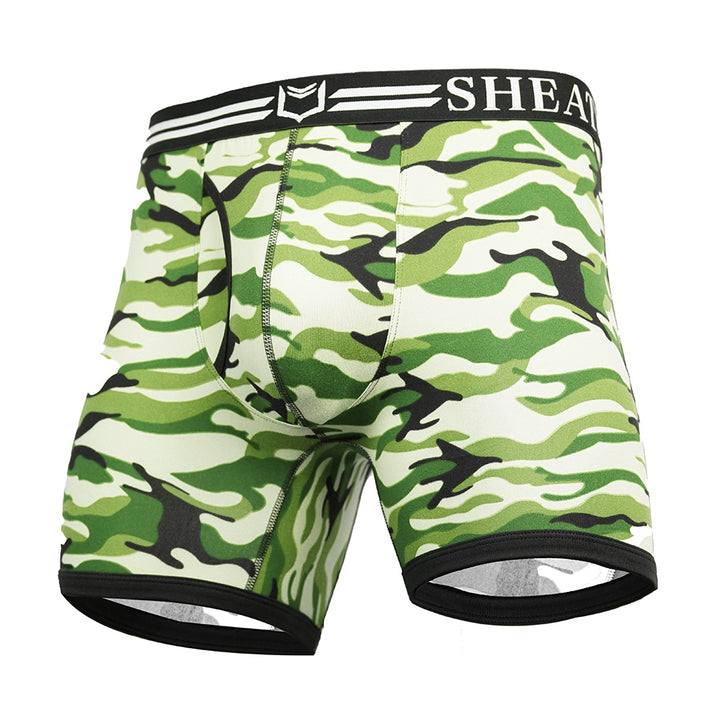 Green camouflage-patterned men's underwear with 'SHEATH' branding on a white background