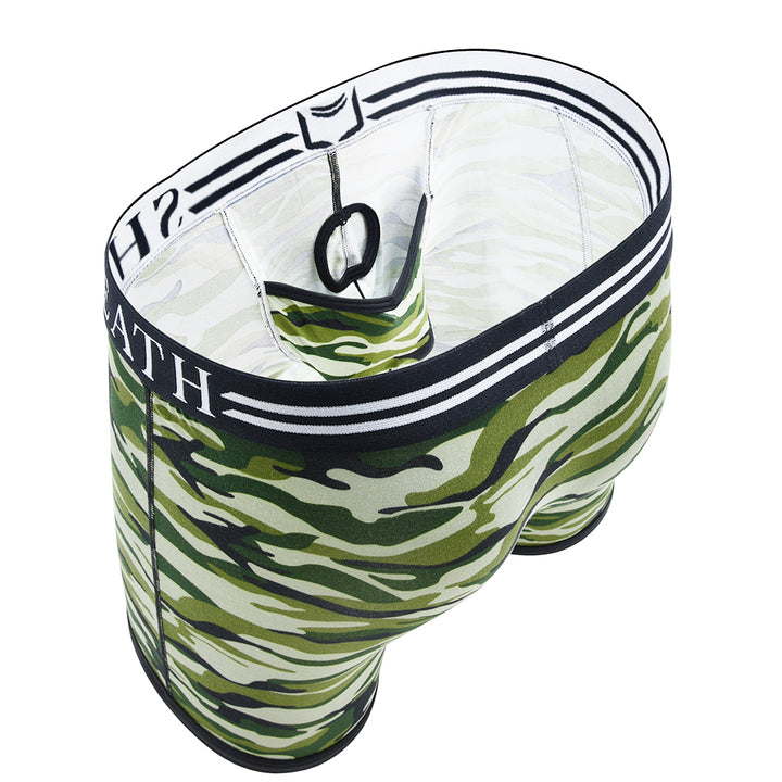 Green camouflage-patterned men's underwear with 'SHEATH' branding on a white background