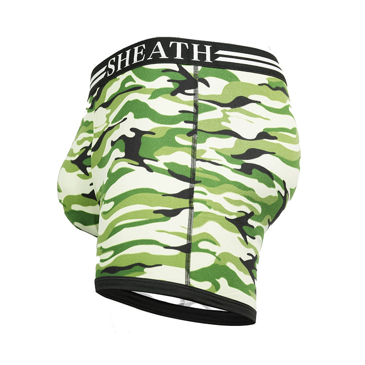 Green camouflage-patterned men's underwear with 'SHEATH' branding on a white background