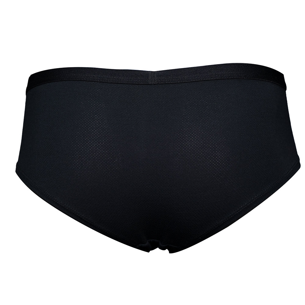 SHEATH Black cheeky boyshorts with breathable Bamboo AirFlow fabric, 100% cotton gusset, and a subtle branded waistband. backside view view