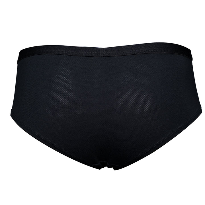 SHEATH Black cheeky boyshorts with breathable Bamboo AirFlow fabric, 100% cotton gusset, and a subtle branded waistband. backside view view