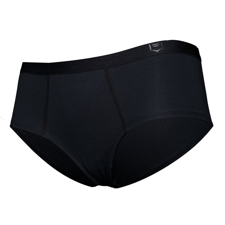 SHEATH Black cheeky boyshorts with breathable Bamboo AirFlow fabric, 100% cotton gusset, and a subtle branded waistband. left angle view