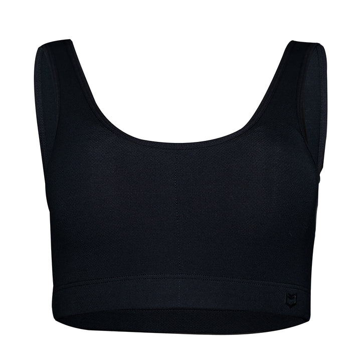 SHEATH Black padded sports bralette with breathable bamboo mesh fabric, supportive ergonomic design, and a subtle branded band for comfortable athletic wear - front facing view