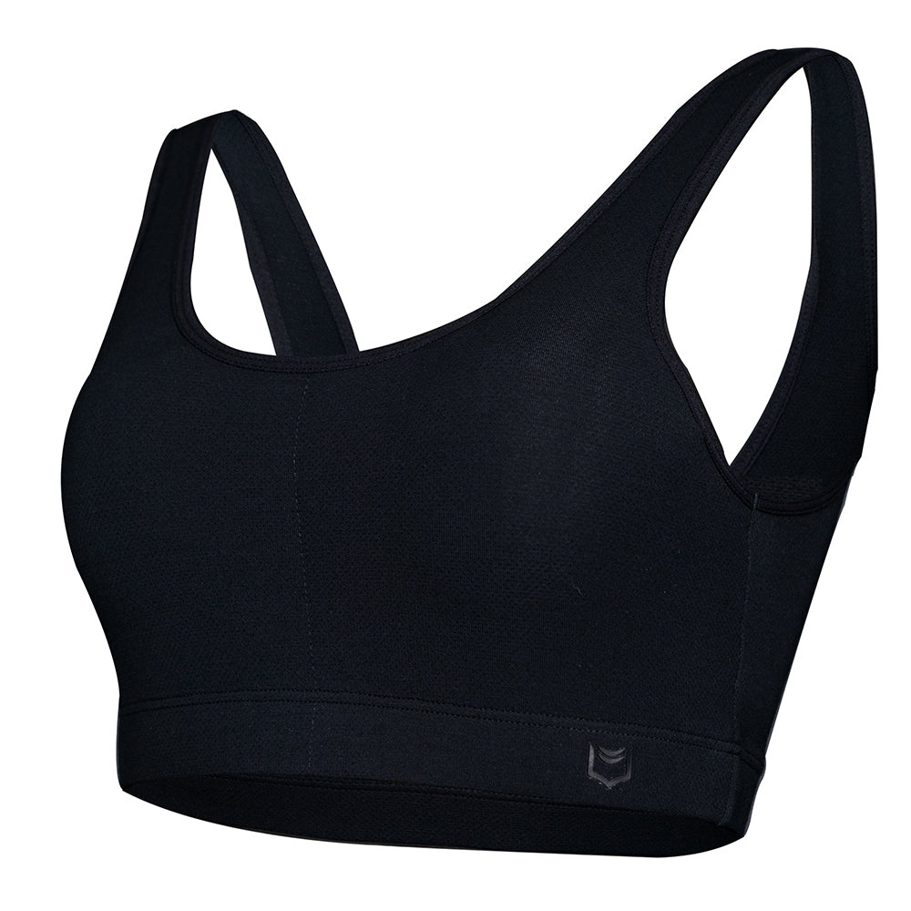 SHEATH Black padded sports bralette with breathable bamboo mesh fabric, supportive ergonomic design, and a subtle branded band for comfortable athletic wear - left angle view