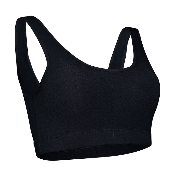 SHEATH Black padded sports bralette with breathable bamboo mesh fabric, supportive ergonomic design, and a subtle branded band for comfortable athletic wear - right angle view