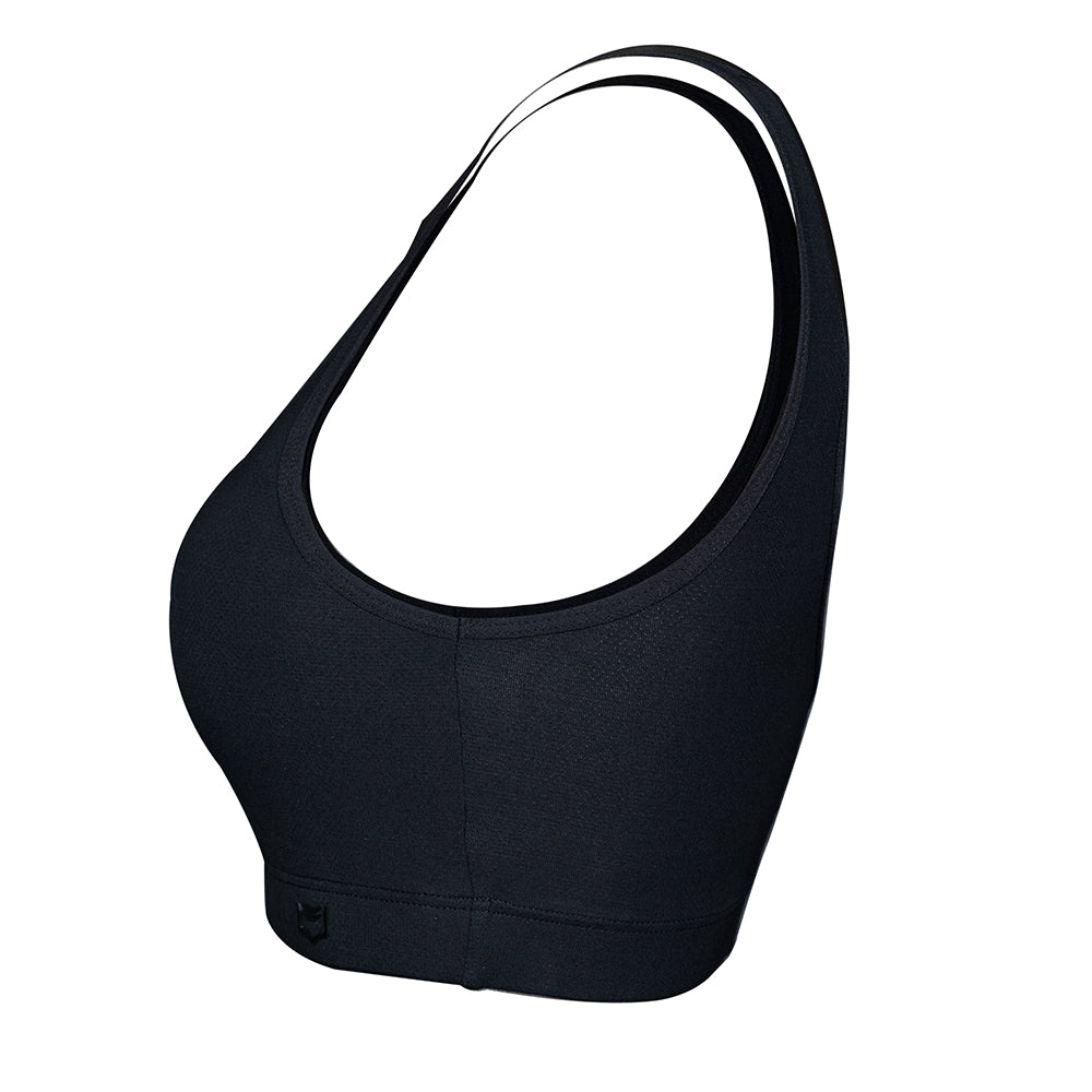 SHEATH Black padded sports bralette with breathable bamboo mesh fabric, supportive ergonomic design, and a subtle branded band for comfortable athletic wear - side profile view