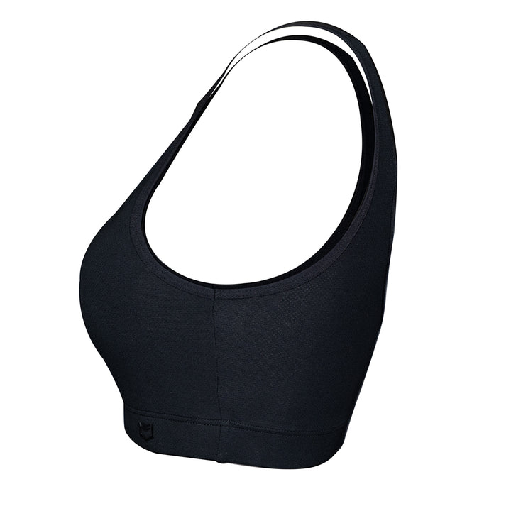 SHEATH Black padded sports bralette with breathable bamboo mesh fabric, supportive ergonomic design, and a subtle branded band for comfortable athletic wear - side profile view
