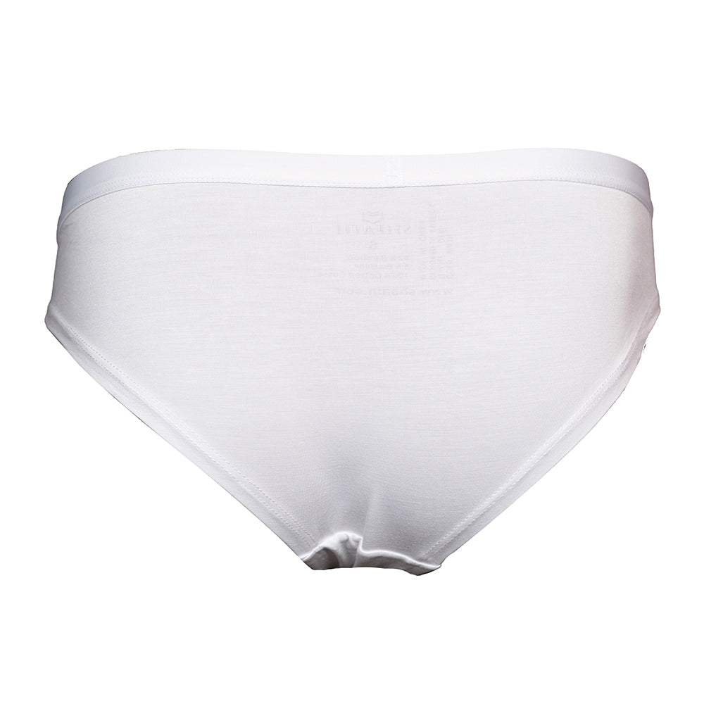SHEATH white-colored bamboo bikini briefs for women featuring breathable, moisture-wicking fabric and anti-chafing design for comfortable wear back view