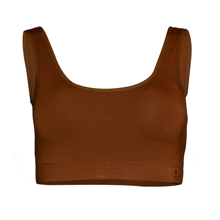 SHEATH Brown padded bralette made from breathable bamboo fabric, designed with supportive ergonomic fit and moisture-wicking properties for all-day comfort. front view