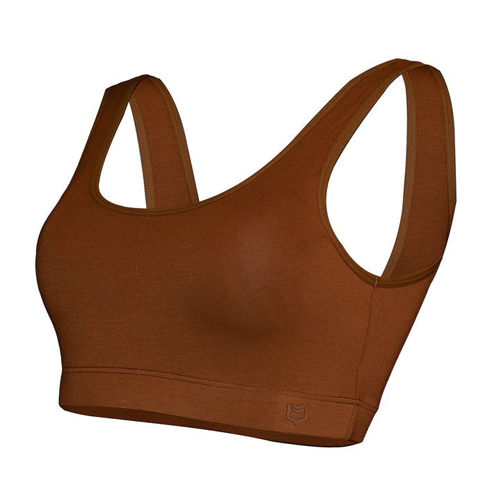 SHEATH Brown padded comfort bralette made from breathable bamboo fabric, featuring a supportive ergonomic design for all-day comfort and moisture-wicking performance. left angle view