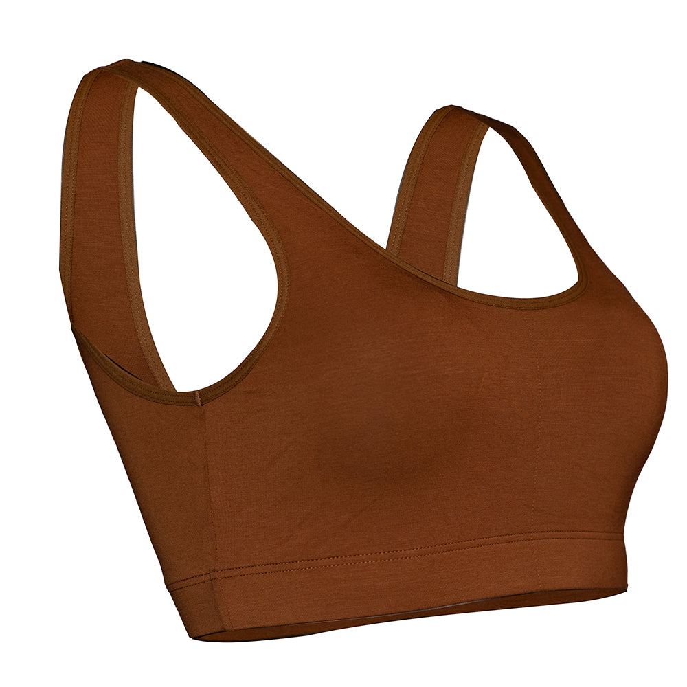 SHEATH Brown padded comfort bralette made with breathable bamboo fabric, featuring a supportive ergonomic design and moisture-wicking properties for all-day wear. right angle view